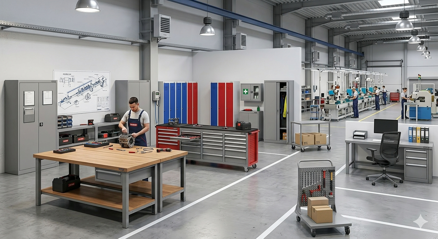 Meble metalowe do hali produkcyjnej